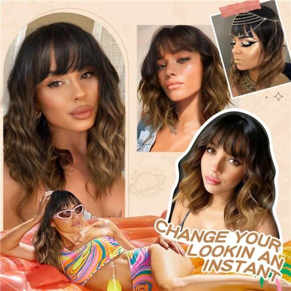 Nnzes Short Wavy Wig with Bangs for Women Shoulder Length Bob Curly Women\'s main image 11